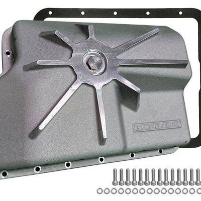 94.5-03 7.3L E4OD/4R100 Goerend Cast Aluminum Transmission Pan - F-PAN-E4OD/4R100-LOGO